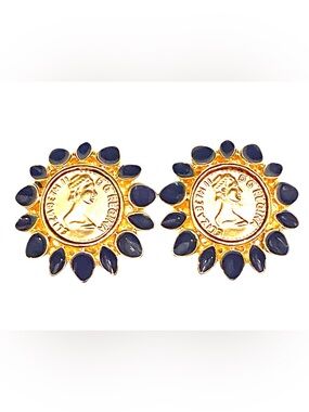 Vintage Coin Earrings Earrings Navy Blue Gold Clip On